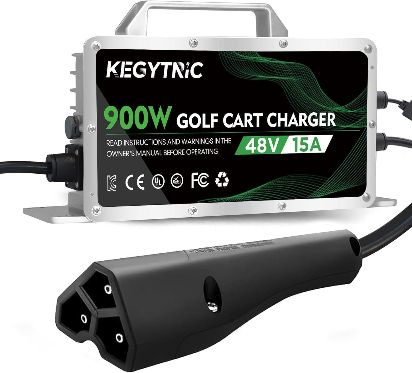 Golf Cart Battery Charger, 15 AMP 48 Volt Golf Cart Charger for EZGO RXV & TXT with 3-Pin Triangular Plug, 900W EZGO Charger, 20% Faster & Safer for Lead Acid Battery, Auto Power-Off & IP67 Waterproof