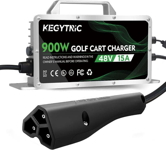 Golf Cart Battery Charger, 15 AMP 48 Volt Golf Cart Charger for EZGO RXV & TXT with 3-Pin Triangular Plug, 900W EZGO Charger, 20% Faster & Safer for Lead Acid Battery, Auto Power-Off & IP67 Waterproof