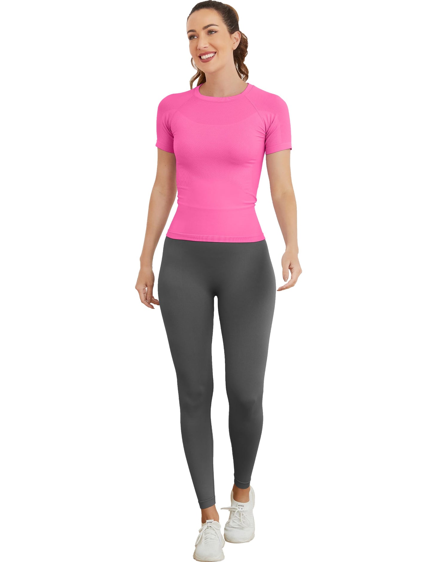 MathCat Short Sleeve Workout Tops for Women, Seamless Women's Compression Shirt, Yoga Running Athletic Shirts Soft Gym Tops Hot Pink