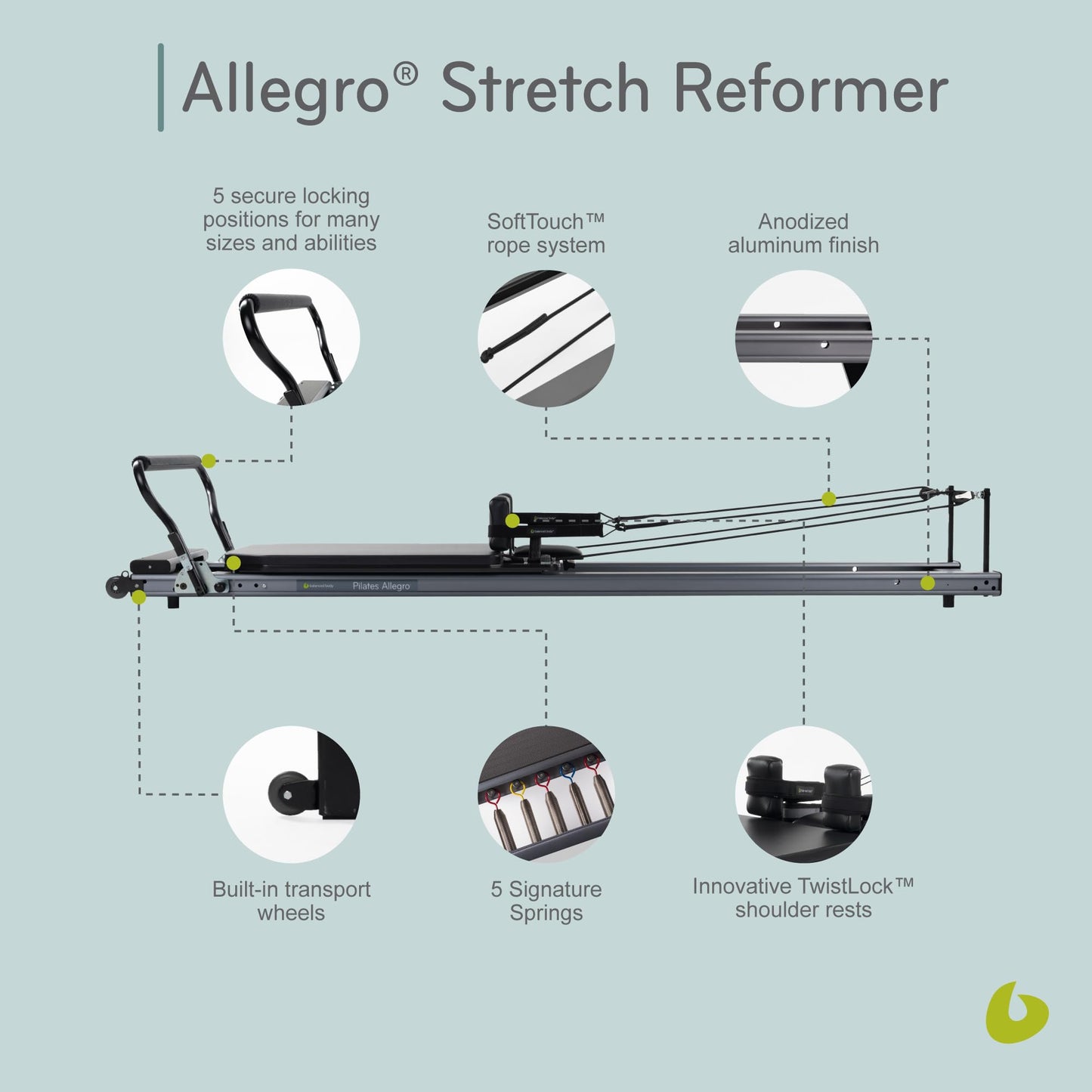 Balanced Body Allegro Stretch Pilates Reformer, Workout Equipment and Pilates Exercise Equipment for Home or Studio