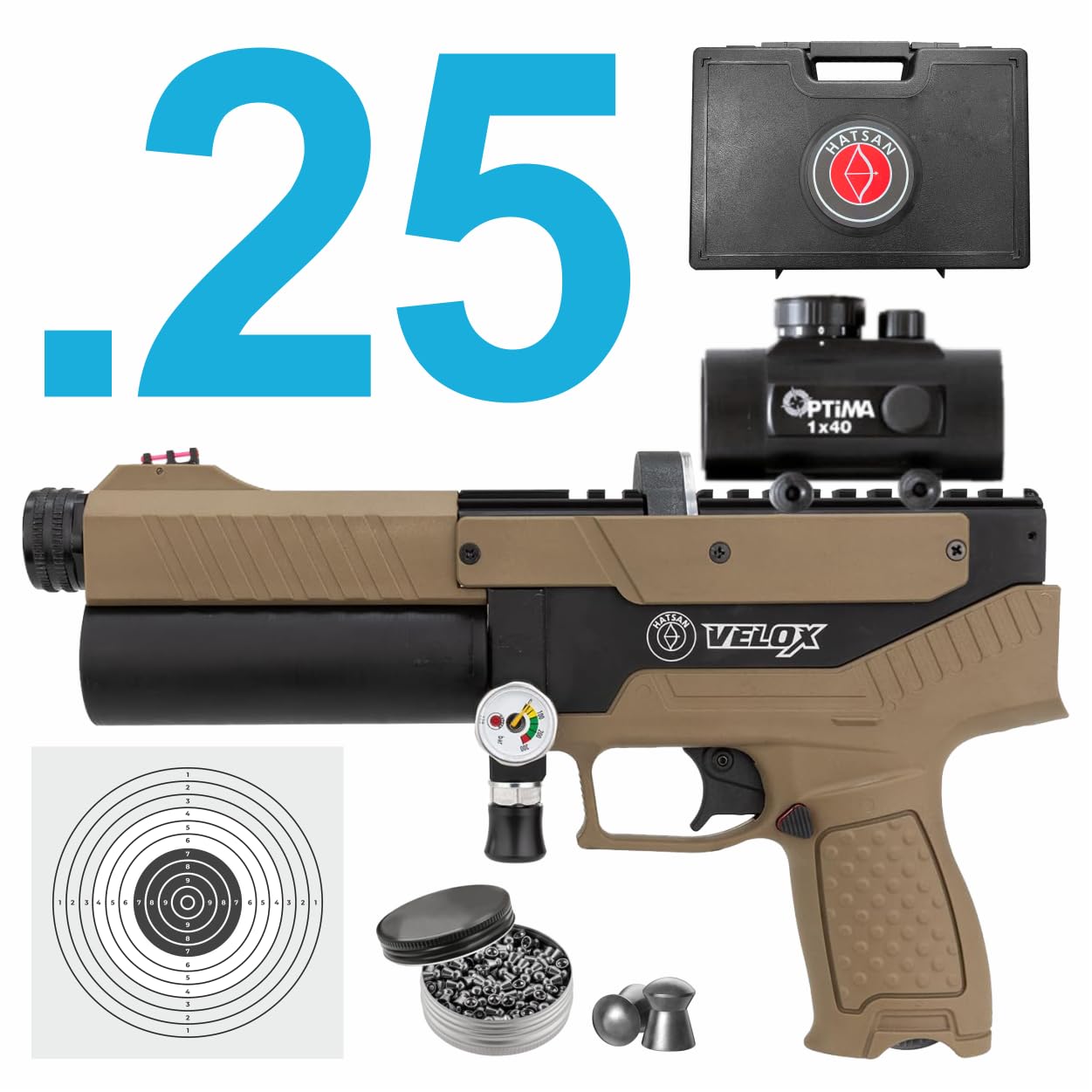 Hatsan Velox PCP Air Pistol .25 Cal Semi-Auto Pellet Gun, 580 FPS, 20 Joules, 10 RDS, Red Dot Sight w/ Wearable4U Pellets and Paper Targets Bundle (FDE, MPN: HGVLX25FDE)