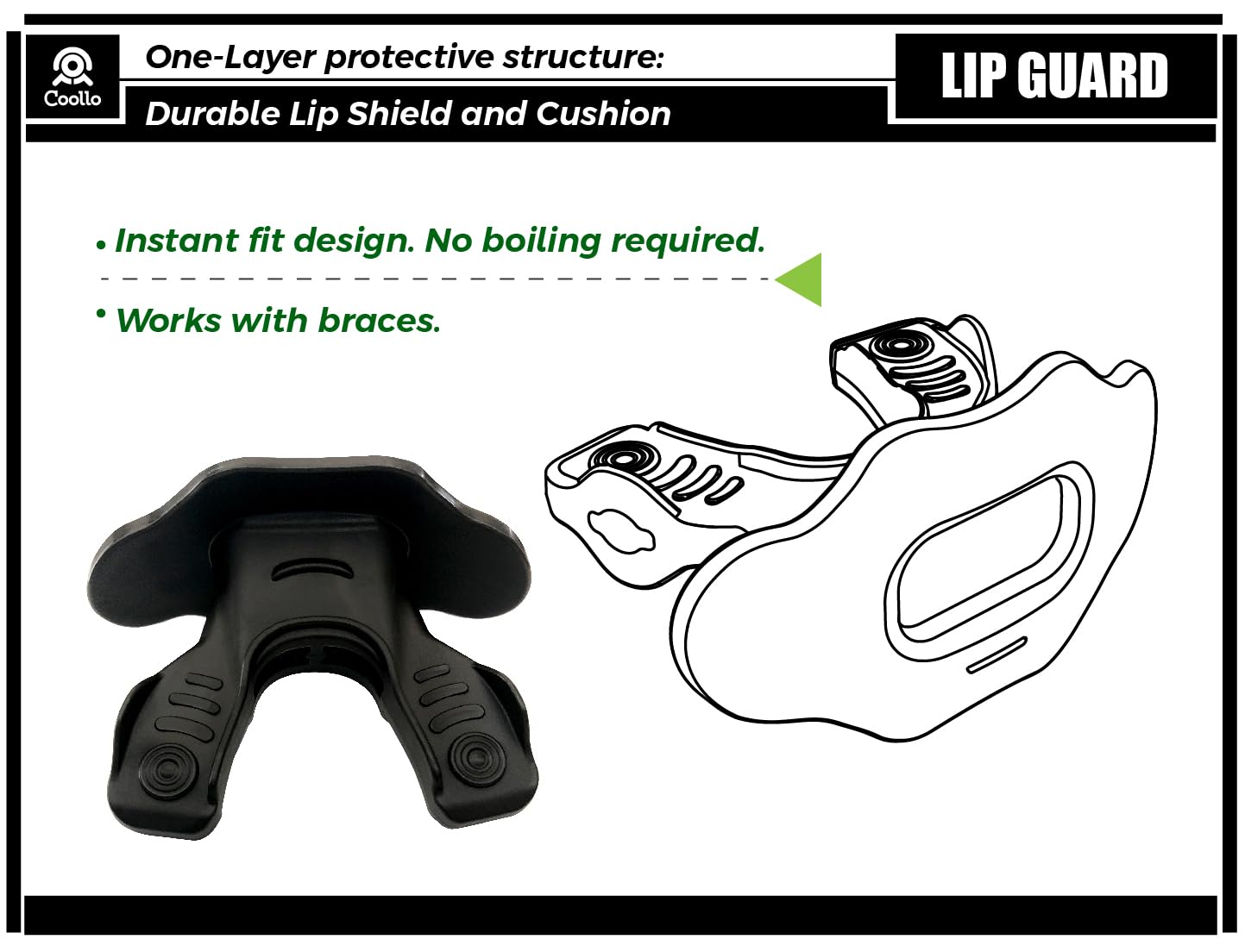 COOLLO SPORTS Lip Guard Mouthguard MAXX/Might Football and High Impact Sports Lip Protector for Adults & Youth (Strap Included) (Golden White Fangs -(One Layer), Without Case (Adult 8+))