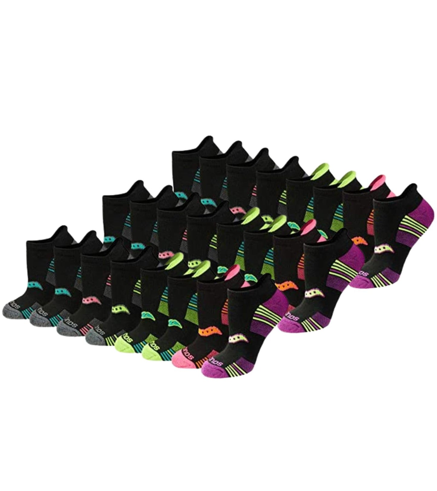 Saucony Women's RunDry Performance Heel Tab Athletic Socks, Available in S-L (8, 16, 24 Pairs), Black Assorted (24 Pairs), Medium