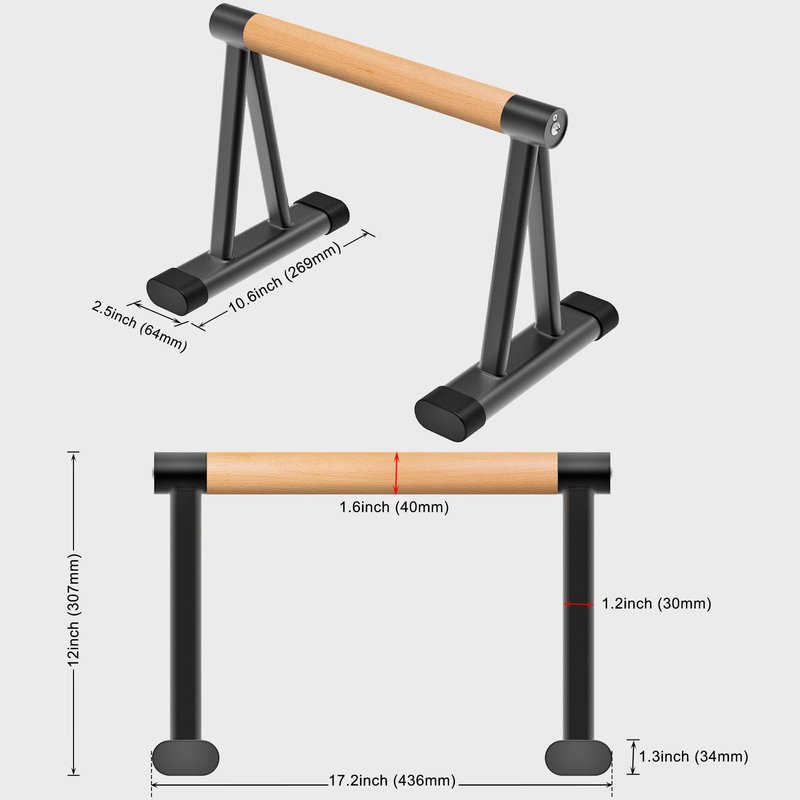 Dolibest Push-Up Bar, 12'' High Parallettes Bars with 8 Rubber Feet & Comfortable Handle, Dip Bars With Stable Triangle Base for Calisthenics, Handstand, Gym & Home Exercise, Easy Assembly (600LB)