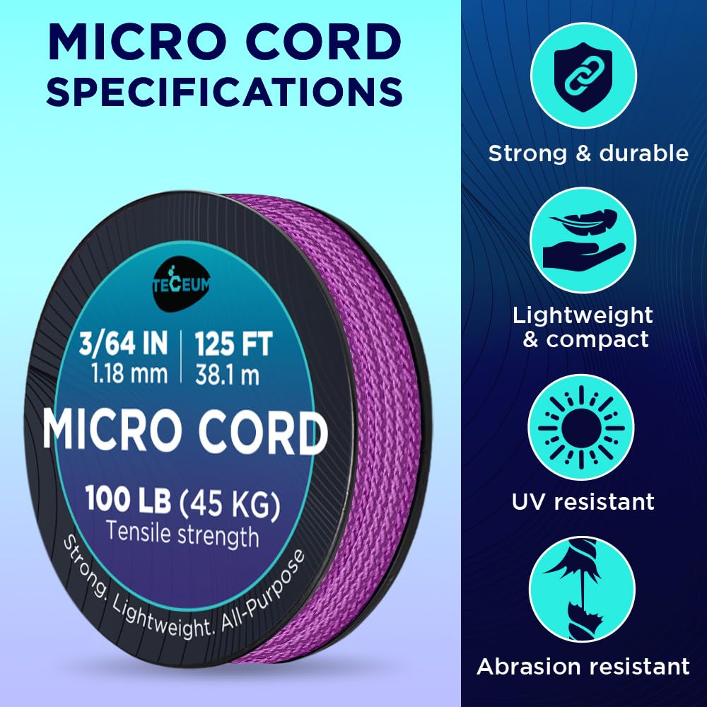 TECEUM Micro Paracord – Purple – 1.18 mm x 125 ft – Micro Utility Cord – Thin Braided Paracord Rope Nylon Polyester – Wind Chime Replacement – Survival Strong String 026c