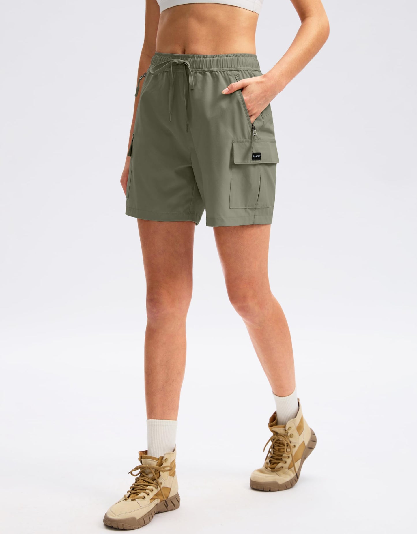 SANTINY Women's 5''/ 7''/9'' Hiking Cargo Shorts Quick Dry Lightweight Summer Shorts for Women Athletic Golf Zipper Pockets(Silver Sage_XL)