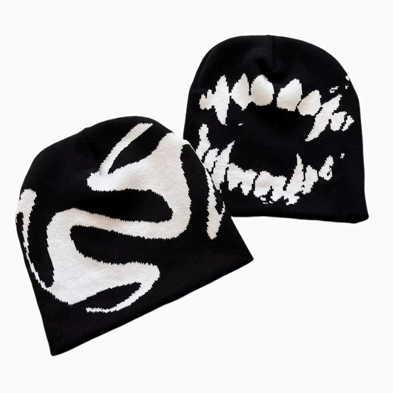 Winatehr Black Graphic Beanie for Men Women, Streetwear y2k Knitted Hat, Slouchy Goth Skull Cap (2 pcs)
