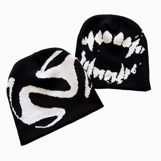 Winatehr Black Graphic Beanie for Men Women, Streetwear y2k Knitted Hat, Slouchy Goth Skull Cap (2 pcs)