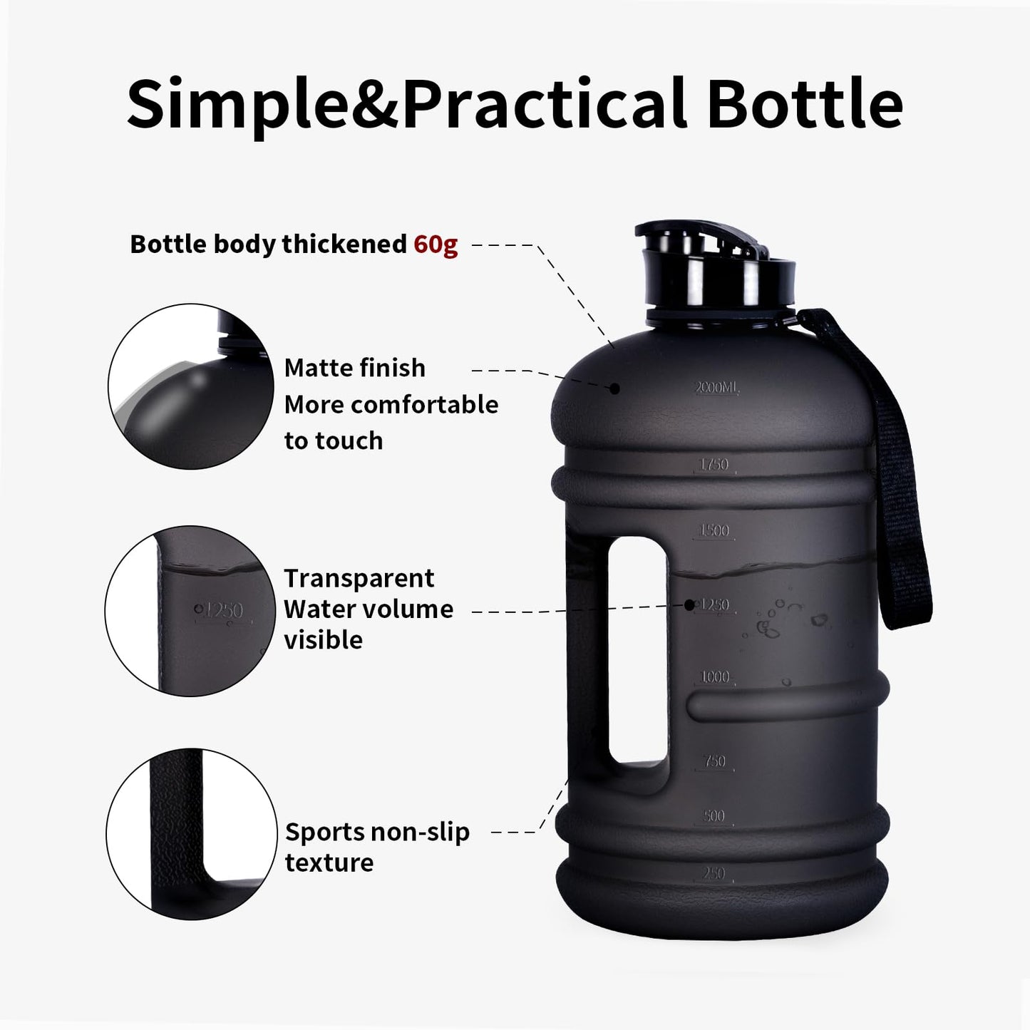 TOOFEEL 2.2 Liter Gym Water Bottle - 100% Leak Proof Big Sports Water Bottle Larger than 74 oz Water Bottle with Visible Volume for Drinking (74oz Transparent Matte Black)