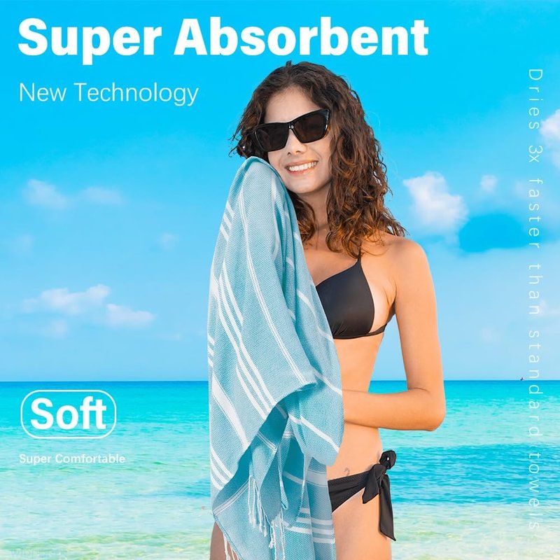 Turkish Beach Towel - Lightweight Quick Dry Absorbent Cotton | Extra Large Sand-Free Bath & Pool Accessory