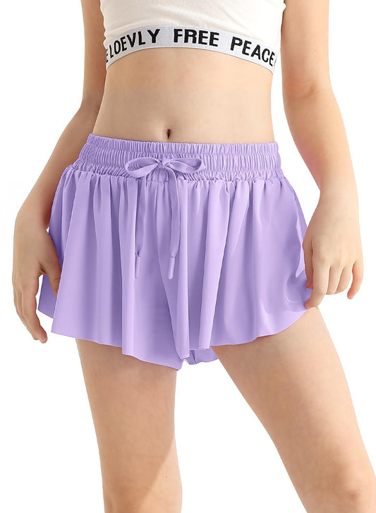 Girls Athletic Shorts Purple Flowy Butterfly Shorts with Pocket & Drawstring 2 in 1 Activewear for Fitness, Cheer, Sports 5t Size 6