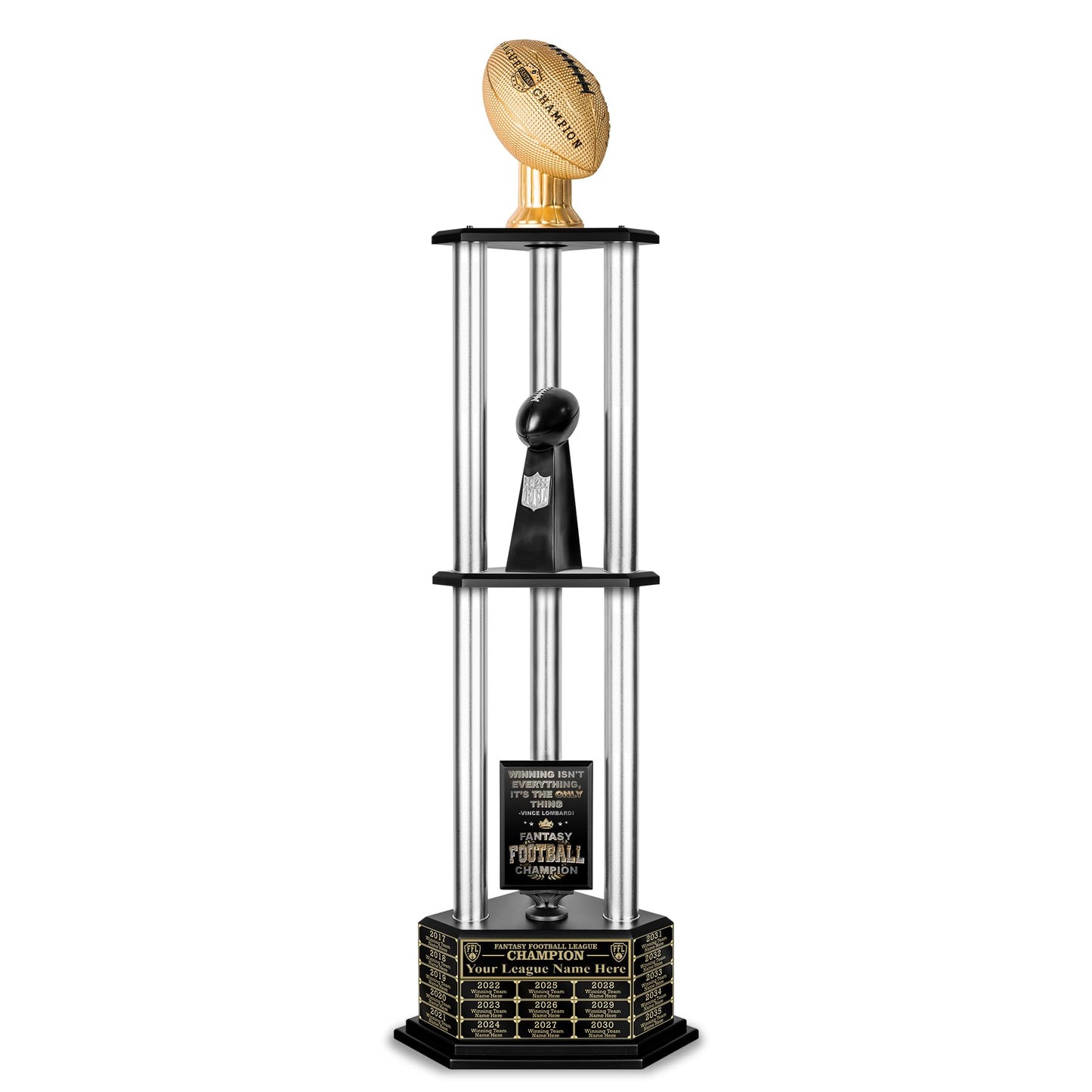 TrophySmack Perpetual Fantasy Football Trophy - Customizable Championship Trophy Award Winner | Free Engraving up to 19 Years Past Winners, 56 Inch Tall (Silver Gold)