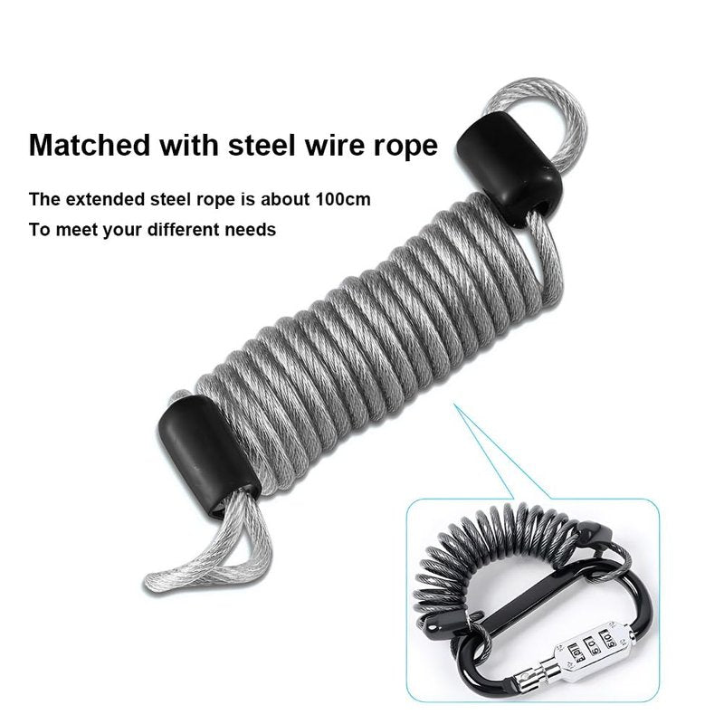 Kigauru D Shaped Code Lock Aluminum Carabiner Multifunctional Black Lock Carabiners with Spring Rope for Looped Bike Security Cable Lock Fence Lock Outdoor Lock