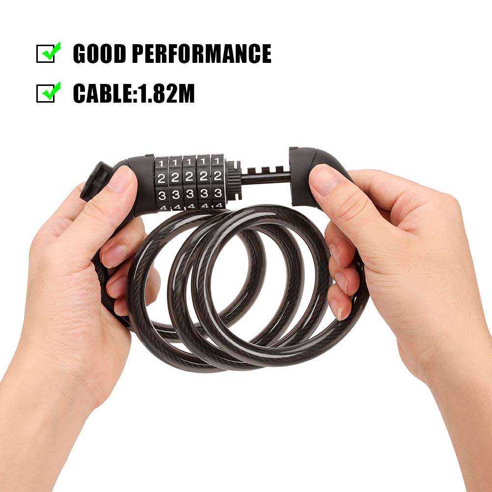 Emoly Bike Lock Cable, High Security 5 Digit Resettable Combination Coiling Bike Cable Lock,Bicycle Cable Lock for Bicycle,Mountain Bike, Scooter Outdoors, 4 Feet x 1.2M, Black