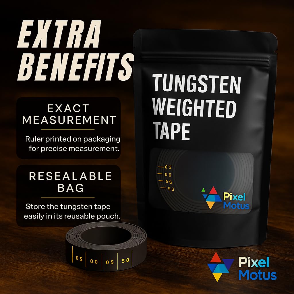 Pixel Motus Tungsten Weighted Tape for Pickleball Paddles, Tennis Rackets & Golf Clubs – 60 Inch Roll, 1g Per Inch – Non-Toxic Lead-Free High Density Strips – Add Power, Balance & Expand Sweet Spot