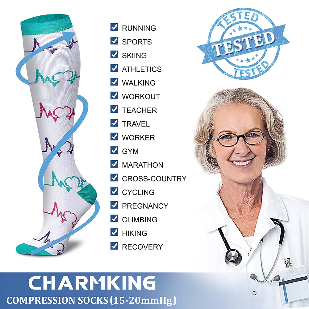 CHARMKING Compression Socks for Women & Men (8 Pairs) 15-20 mmHg Graduated Copper Support Calf Socks are Best for Pregnant, Nurses - Boost Performance, Circulation, Knee High Wide Calf(L/XL, Multi 33)