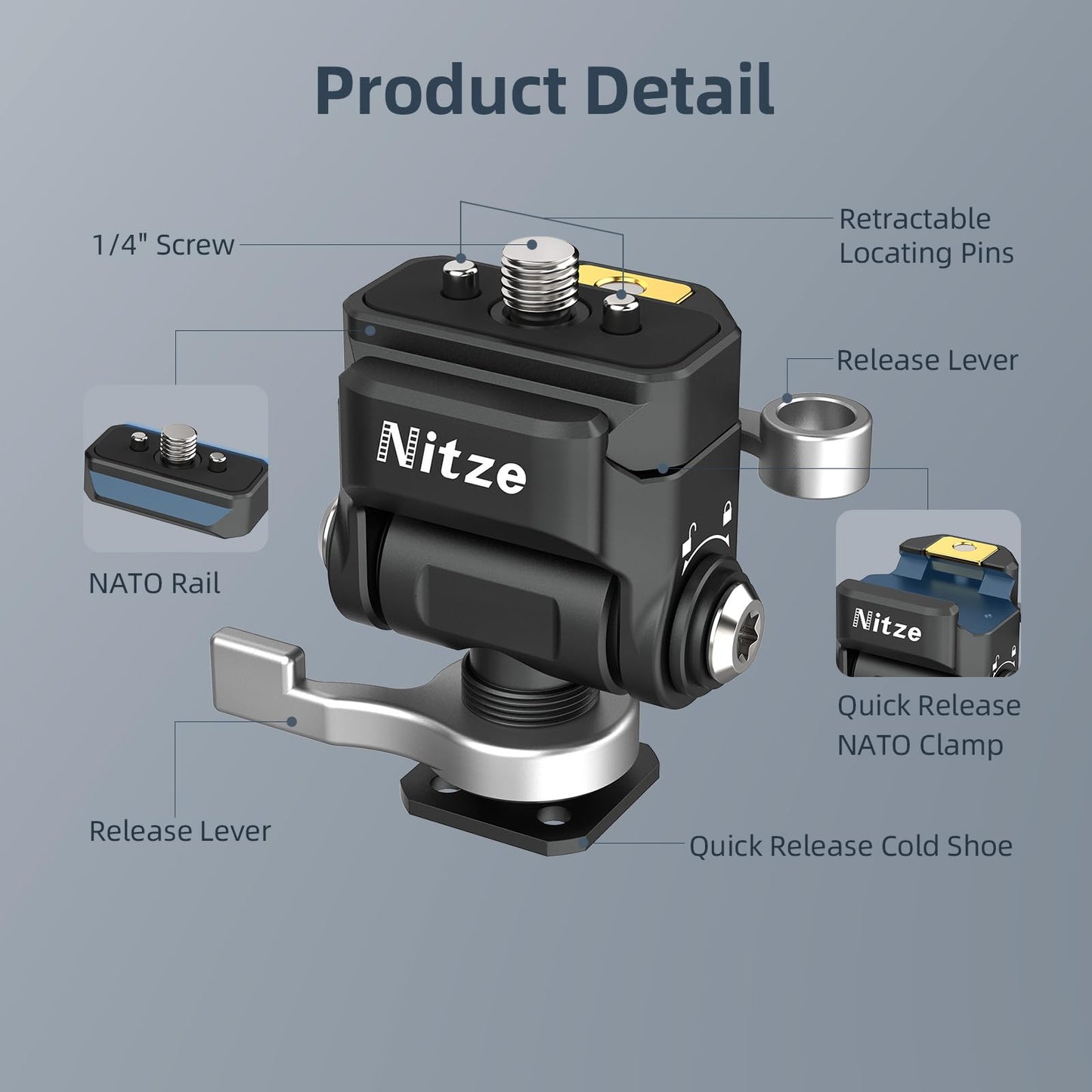 Nitze Quick Release Camera Monitor Mount (NATO Rail with 1/4” Screw and Retractable Pins to Cold Shoe), Field Monitor Mount with Adjustable NATO Clamp, 170° Tilt and 360° Pan - N54-S1