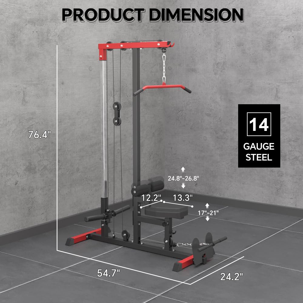 SPART LAT Tower, LAT Pull Down and Low Row Cable Machine with Flip Up Footplate, Heavy Duty Upper Body Machine with High and Low Pulley Station, Home Gym Back Exercise Machine, Red