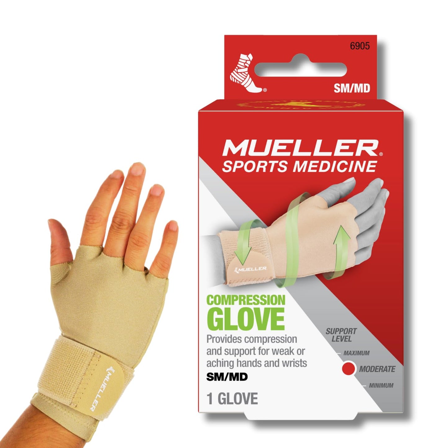 MUELLER Sports Medicine Compression Glove for Men and Women, Hand & Wrist Pain Relief Support, Ideal for Carpal Tunnel, Arthritis, Fits Right or Left, Beige, Small/Medium