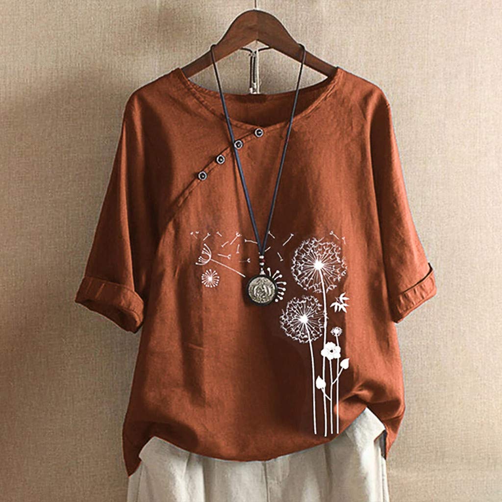 Womens Cotton Linen Short Sleeve Tops Casual Crew Neck T Shirts Embroidered Blouse Plus Size Loose Fit Summer Tunics