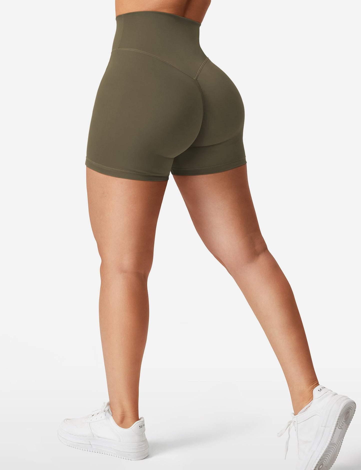 YEOREO Women's Biker Shorts 4.5" / 6" Workout Gym Shorts Craze High Waist Tummy Control Hidden Scrunch Running Yoga Olive Green M