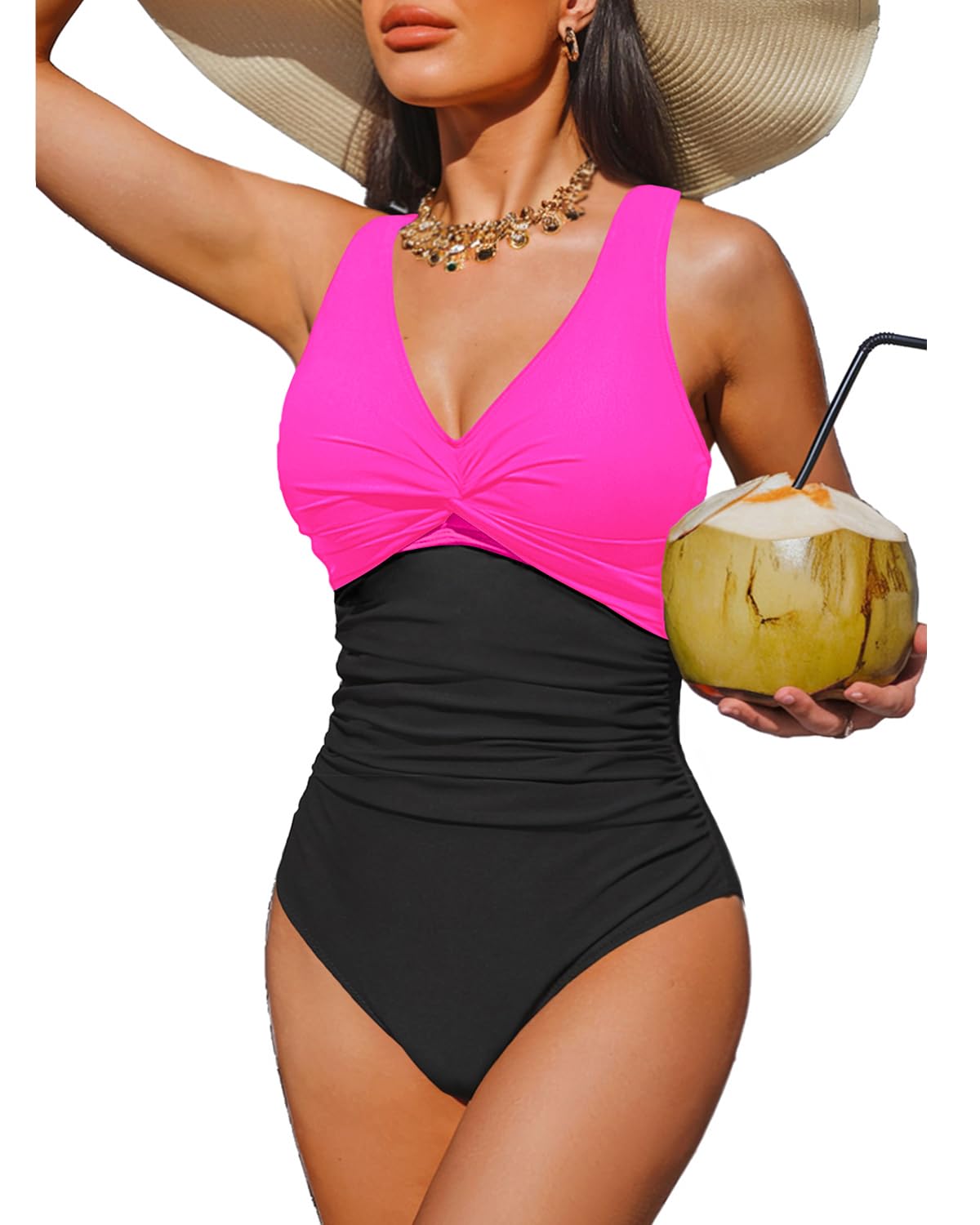 Holipick Hot Pink Black Women Tummy Control One Piece Swimsuit - Push Up Bathing Suit Full Coverage Slimming Swimwear XXL