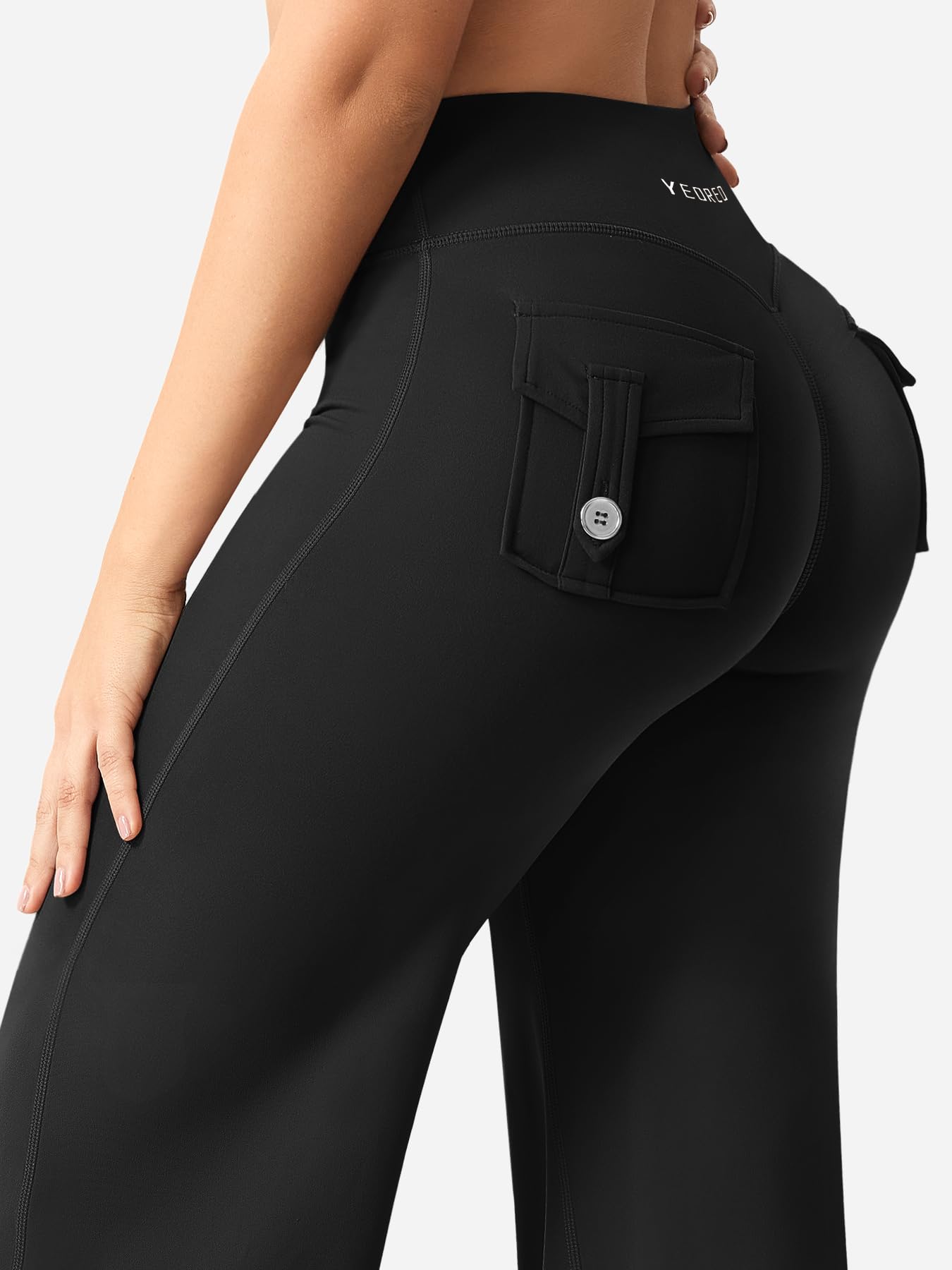 YEOREO CoreFlex Straight Leg Leggings Pockets Cargo Workout Leggings for Women No Front Seam Hidden Scrunch High Yoga Pants Black-M