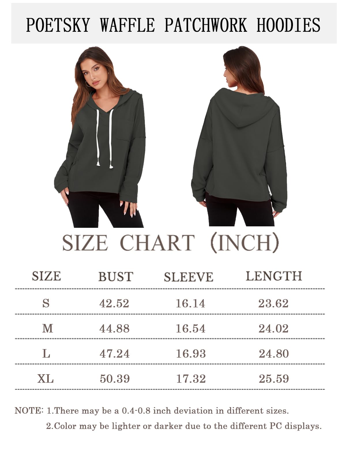 Poetsky Winter Long Sleeve Sweatshirts for Women V Neck Waffle Knit Patchwork Pullover Loose Casual Oversized Hoodies Black XL