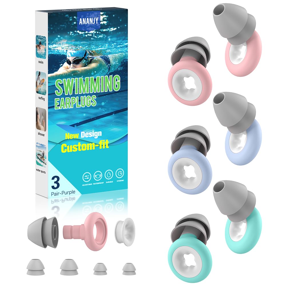 Waterproof Swimming Ear Plugs for Adults - 3 Pairs of Reusable Soft Silicone Swim Earplugs,Perfect for Surfing, Diving,Pool,Showering and Other Water Sports - Keep Water Out and Ear Protection