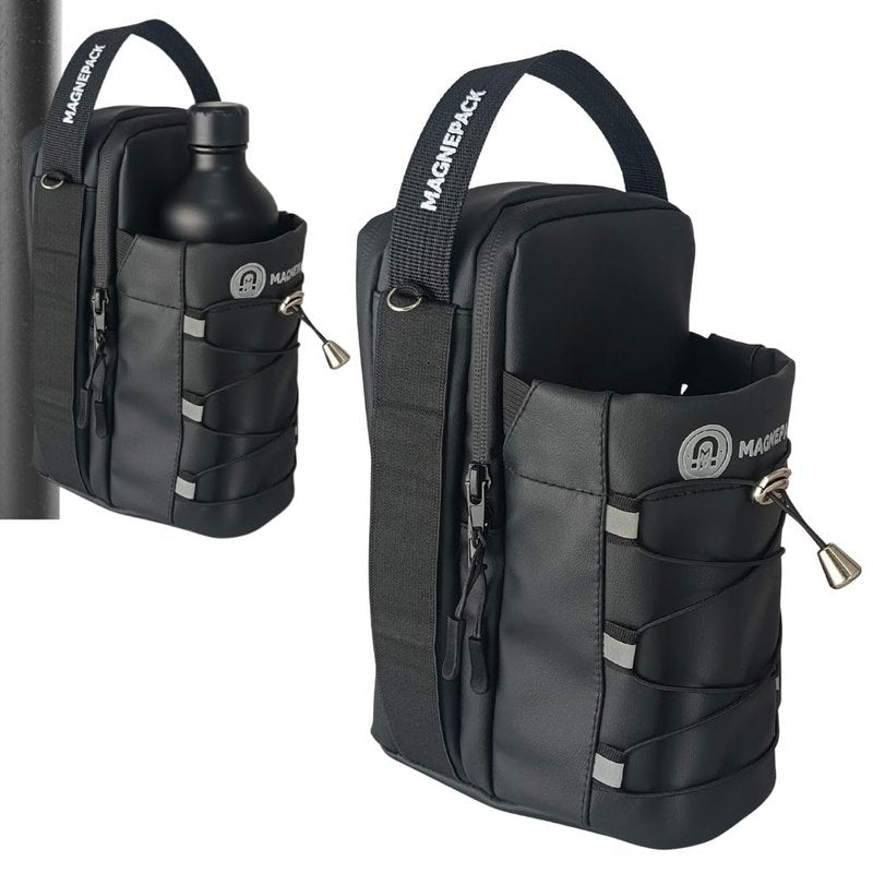 Magnepack Magnetic Gym Bag with Bottle Holder – Heavy-Duty Water Bottle Sling with Hook Strap, Multiple Pockets, Fits Most Racks (Black)