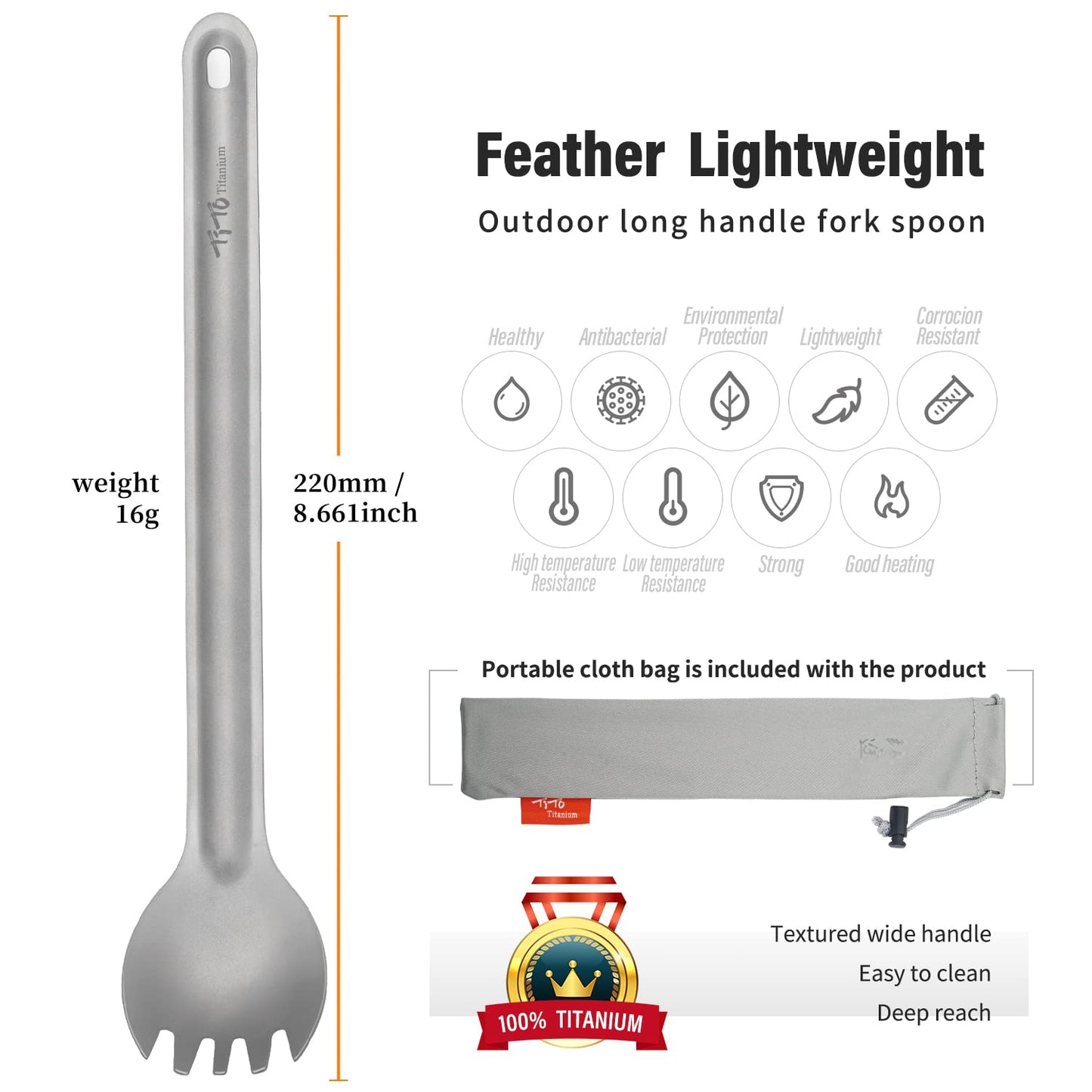 TiTo Titanium Long Handle Spork and Spoon Eco-Friendly Ultralight Portabale Flatware for Outdoor Camping Backpacking Hiking Travel Picnic Tableware with Bag (2Pcs Sandblasting)