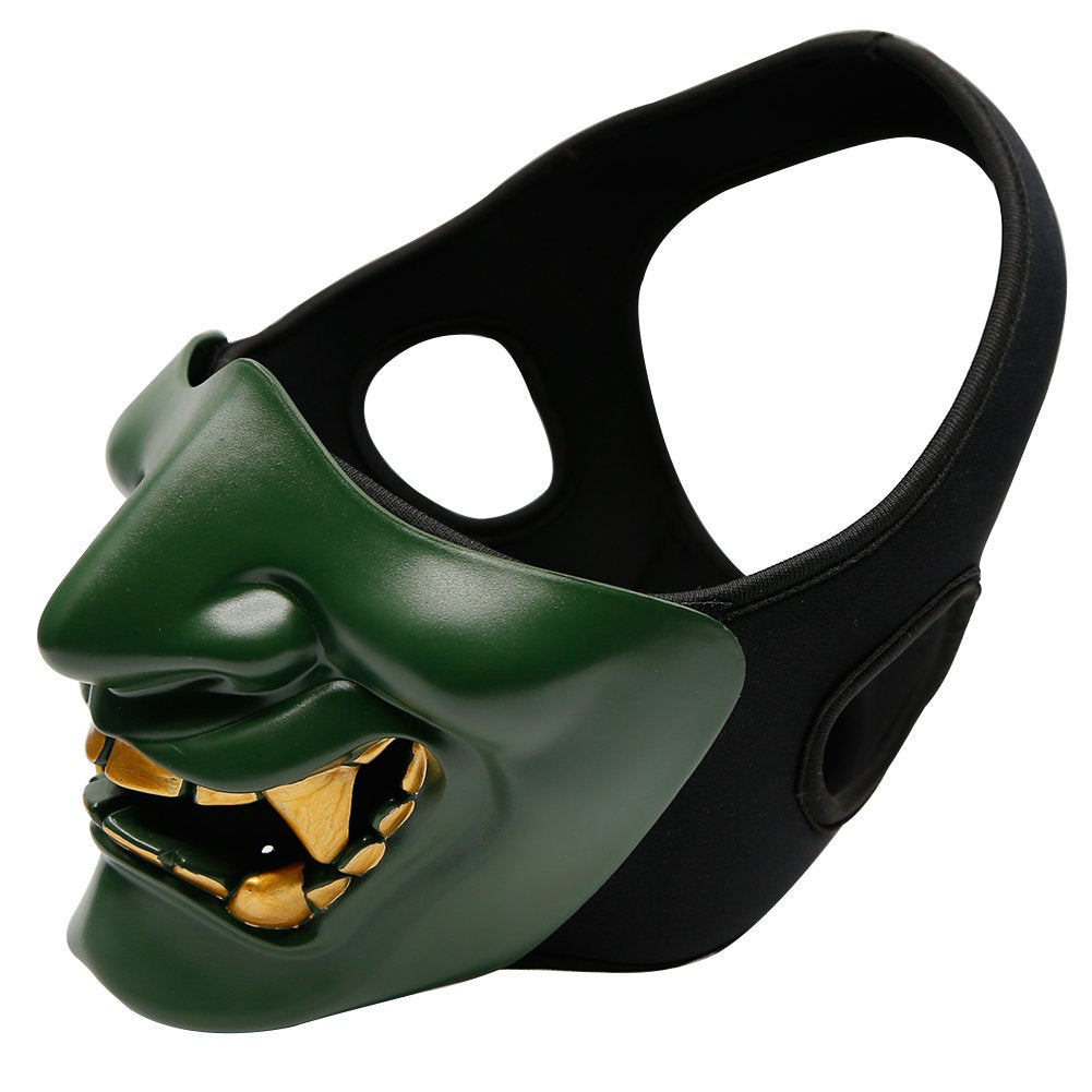 AOUTACC Airsoft Half Face Masks, Evil Demon Monster Kabuki Samurai Hannya Oni Half Face Protective Masks for Masquerade Ball, Party, Halloween, Cs War Game, BB Gun(Green)