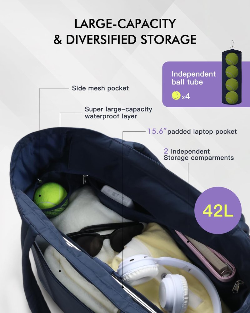 Movker Quilted Tennis Bag for Women & Men, Large Tennis Tote with Shoe Compartment & Waterproof Wet Pocket, Fits 2-4 Rackets & 15.6" Laptop, Lightweight Gym Duffle Sports Bag with Fence Hook(Navy)