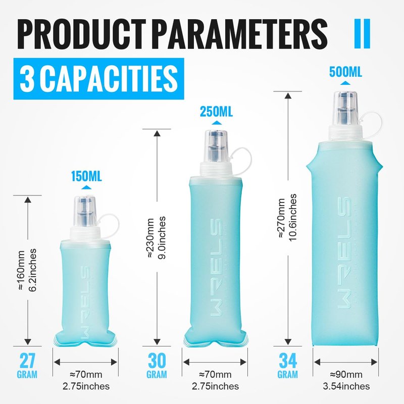 WRELS TPU Collapsible Soft Flask,Lightweight PBA Free Folding Running Water Bottles,Leakproof Durable Hydration Flask for Outdoors (500ml/16.9oz-2 Packs-Light Blue)