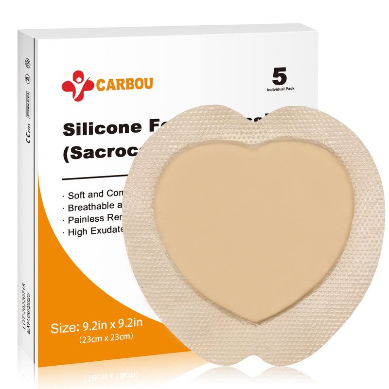 Carbou Silicone Sacrum Foam Dressing, 9''x9''(23cm x23cm) Bordered Adhesive Sacral Foam Dressing,Soft Bed Sore Bandages,Wound Care Products,Box of 5 Dressings
