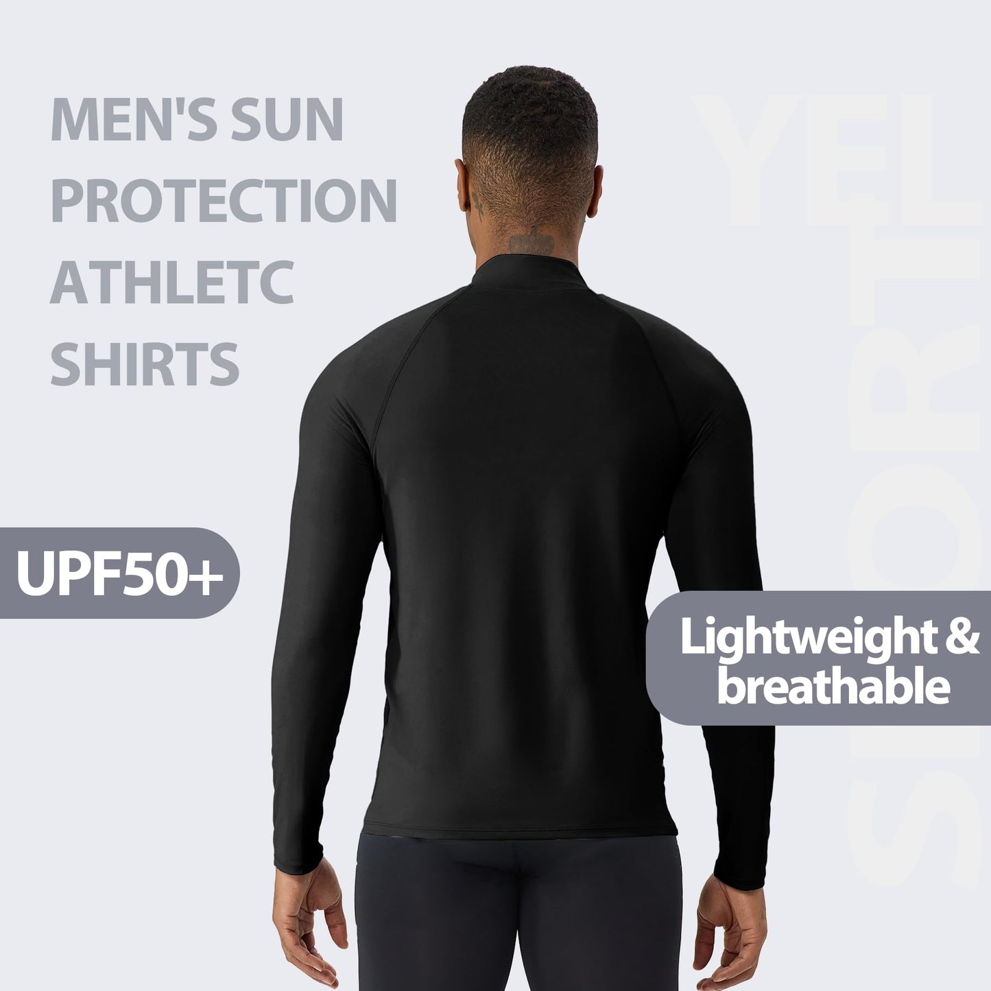 YEL Men's Long Sleeve Athletic Shirt 1/4 Pullover Zip Sun Protection Rash Guard UPF 50+ Golf Fishing Running T-Shirts Black