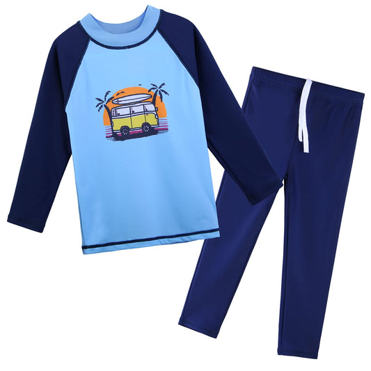 TFJH E Boys Long Sleeve Swimsuits 2PCS Rashguard Set UPF 50+ Surf Bathing Suit 5t 6t Blue Car Long 116/122