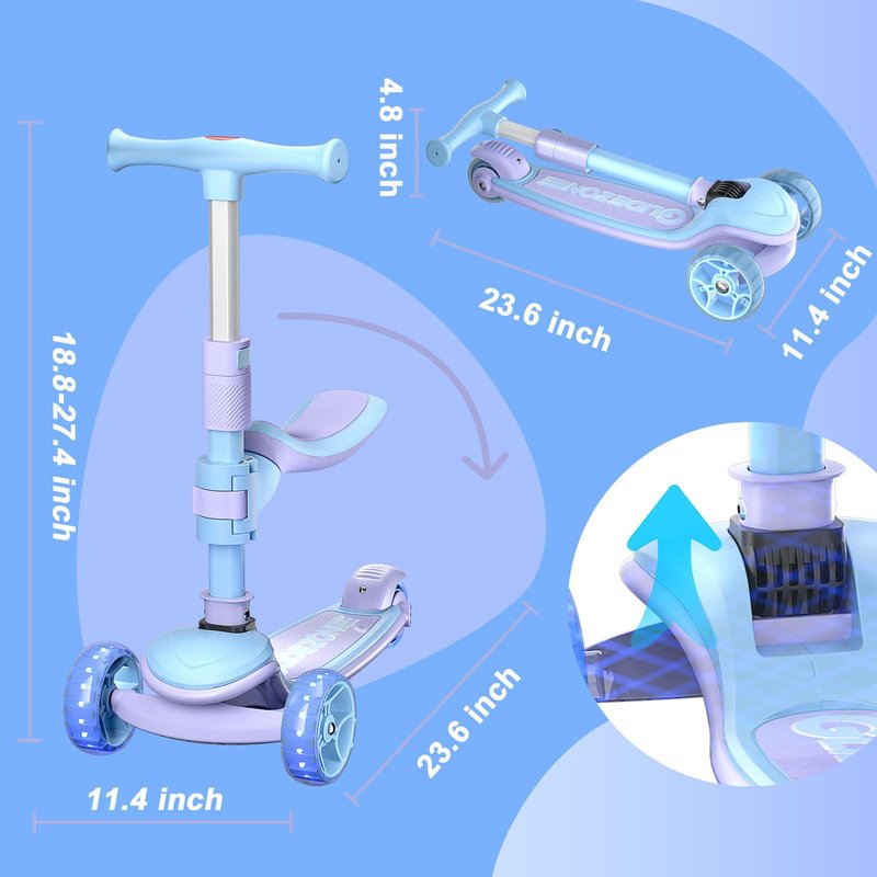 091G-Z Blue Kick Scooter for Kids Ages 3-14, 3-Wheel Foldable Scooter with Adjustable Height Handlebars, LED Light-Up PU Wheels, Wide Anti-Slip Deck,Lean-to-Steer, Removable Seat, Gift for Children