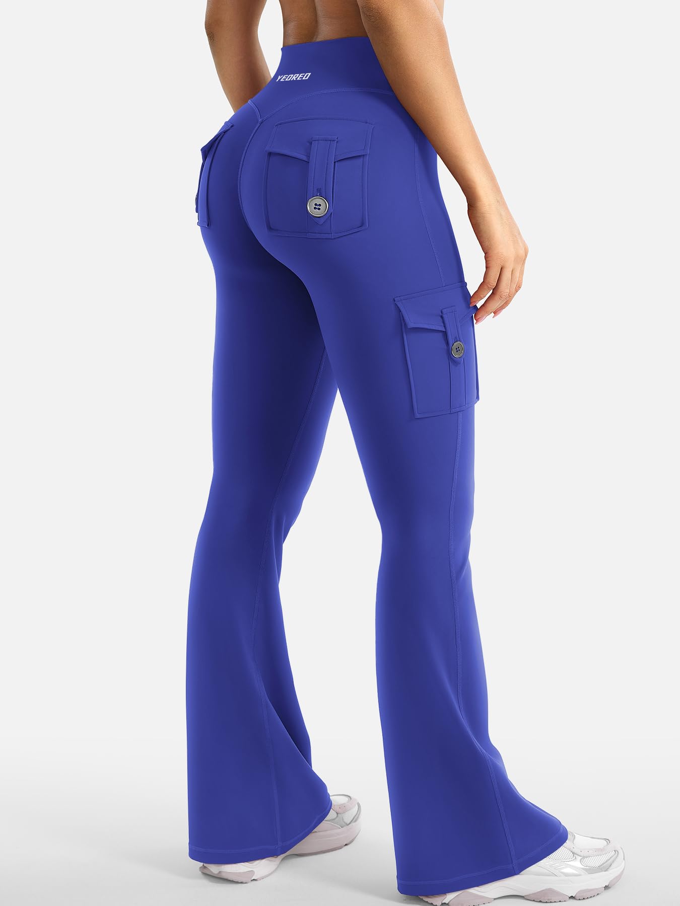 YEOREO CoreFlex Women Workout Flare Leggings with Pockets Hidden Scrunch High Waisted Cargo Gym Yoga Leggings Dazzling Blue S