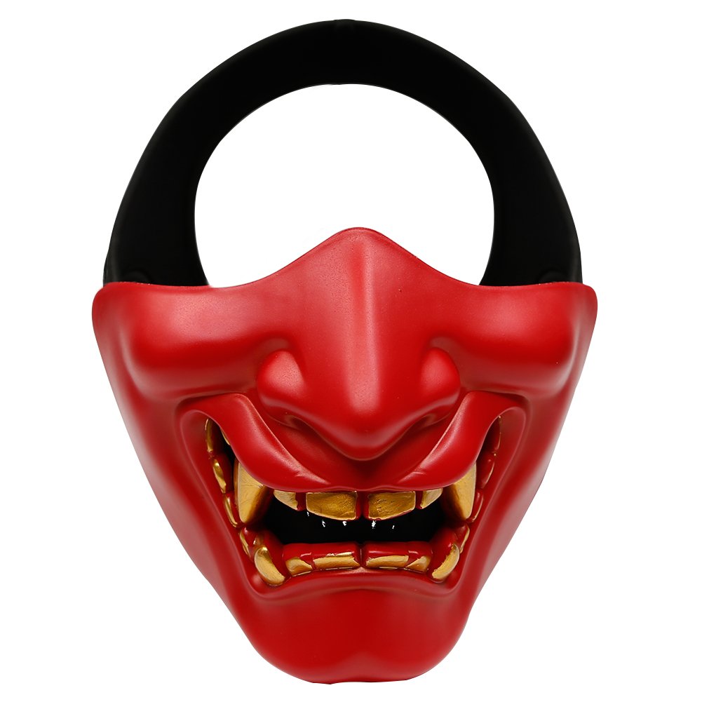 AOUTACC Airsoft Half Face Masks, Evil Demon Monster Kabuki Samurai Hannya Oni Half Face Protective Masks for Masquerade Ball, Party, Halloween, Cs War Game, BB Gun(Red)