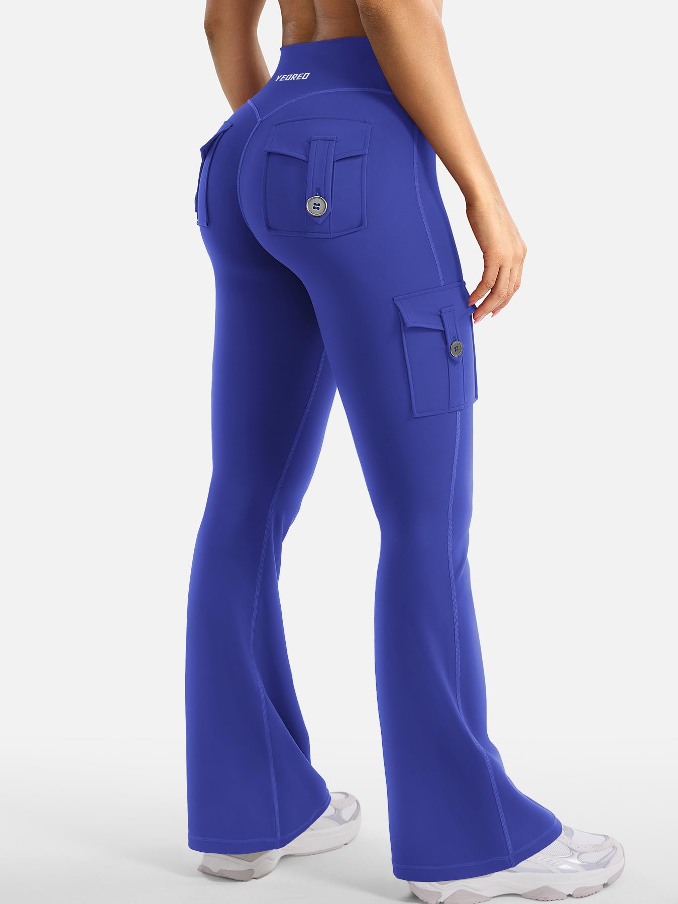 YEOREO CoreFlex Women Workout Flare Leggings with Pockets Hidden Scrunch High Waisted Cargo Gym Yoga No Front Seam Leggings 30" Inseam Dazzling Blue S