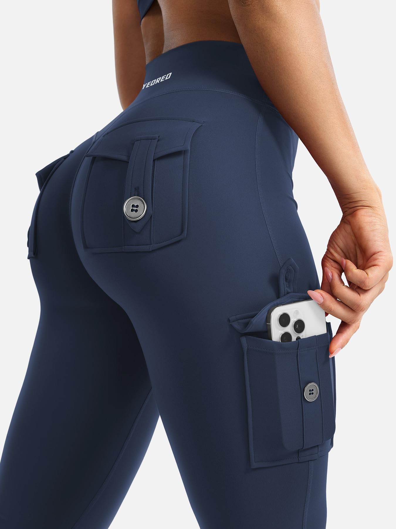YEOREO CoreFlex Women Workout Flare Leggings with Pockets Hidden Scrunch Cargo Gym Yoga No Front Seam Leggings Blue Navy L