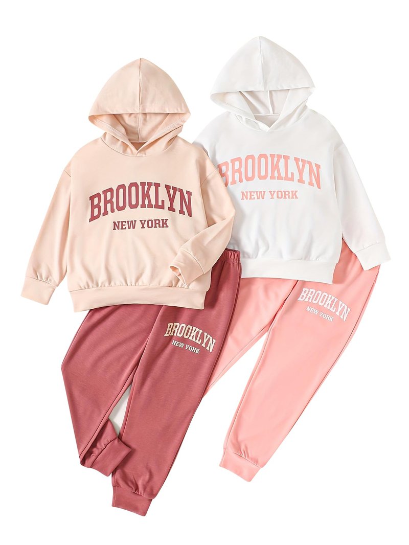 Fdqin Girl's Tracksuit Sets 4 Piece Outfits Cute Hoodie Matching Jogger Sweatpants Clothes Set White/Brick Red/Pink 11-12 Years