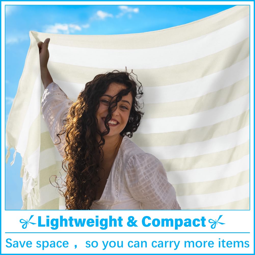 Vikumond Turkish Beach Towel Blanket,Oversized 88x82 Inch,Quick Dry,Beige