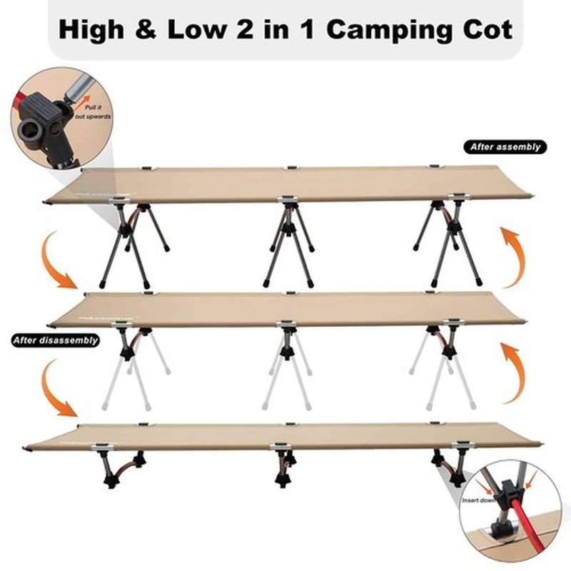 PACOONE 2-in-1 Ultralight Folding Camping Cot with Leg Extenders, Military Camping Cots Bed, Heavy Duty Folding Sleeping Camping Cot for Backpacking Hiking Travel Tent, Support 330 Lbs (Khaki)