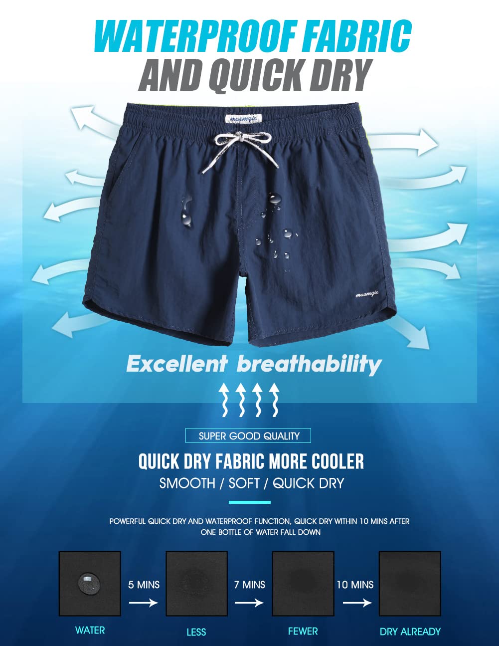 maamgic Mens Swim Trunks 5" with Mesh Lining Quick Dry Bathing Suits for Men Swim Shorts Swimwear Nylon Steel Blue Large