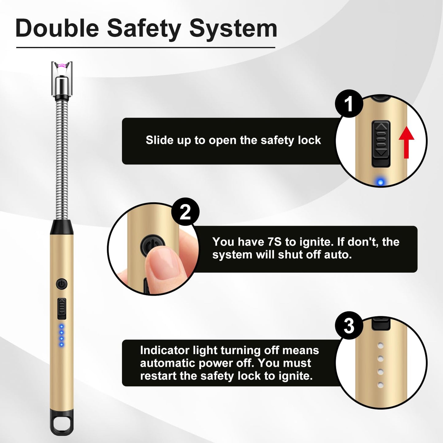 LcFun 3 Pack Electric Candle Lighter Windproof USB Rechargeable Plasma Lighter with LED Battery Display, Flameless Long Arc Lighters for Grill BBQ Camping Fireplace Stove(Black,Silver,Gold)
