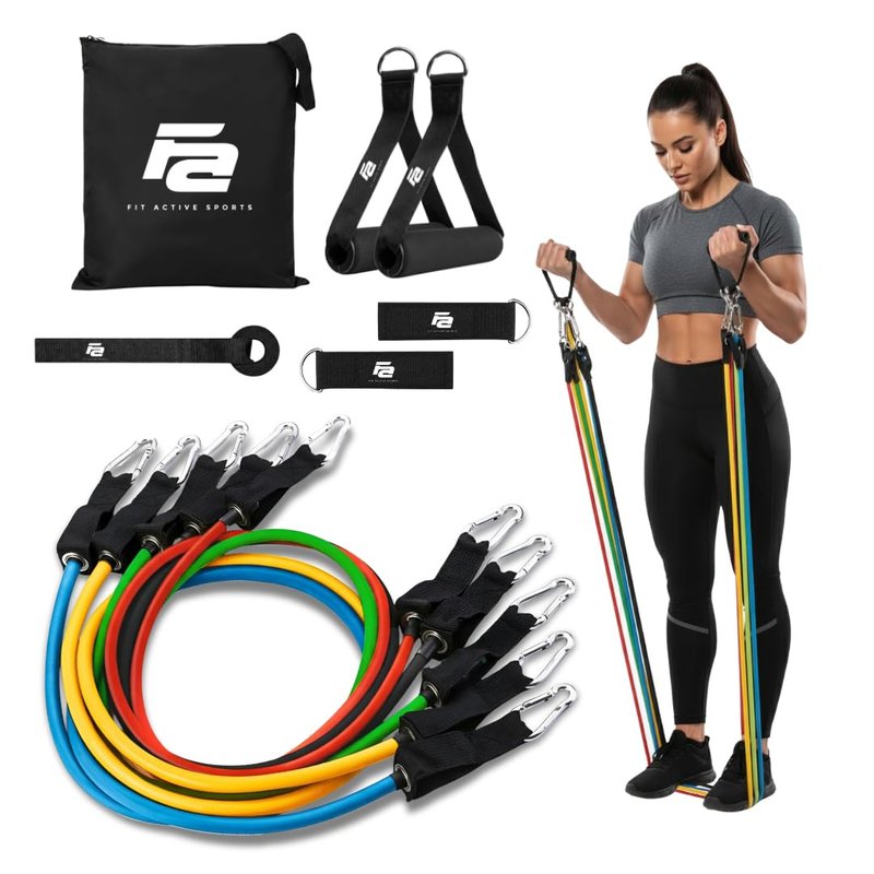 Fit Active Sports Resistance Bands Set with Handles, Ankle Straps, Door Anchor, Exercise Chart and Free Carrying Bag - Excellent for Body Toning, Building Muscle, Strengthening Joints, and More!