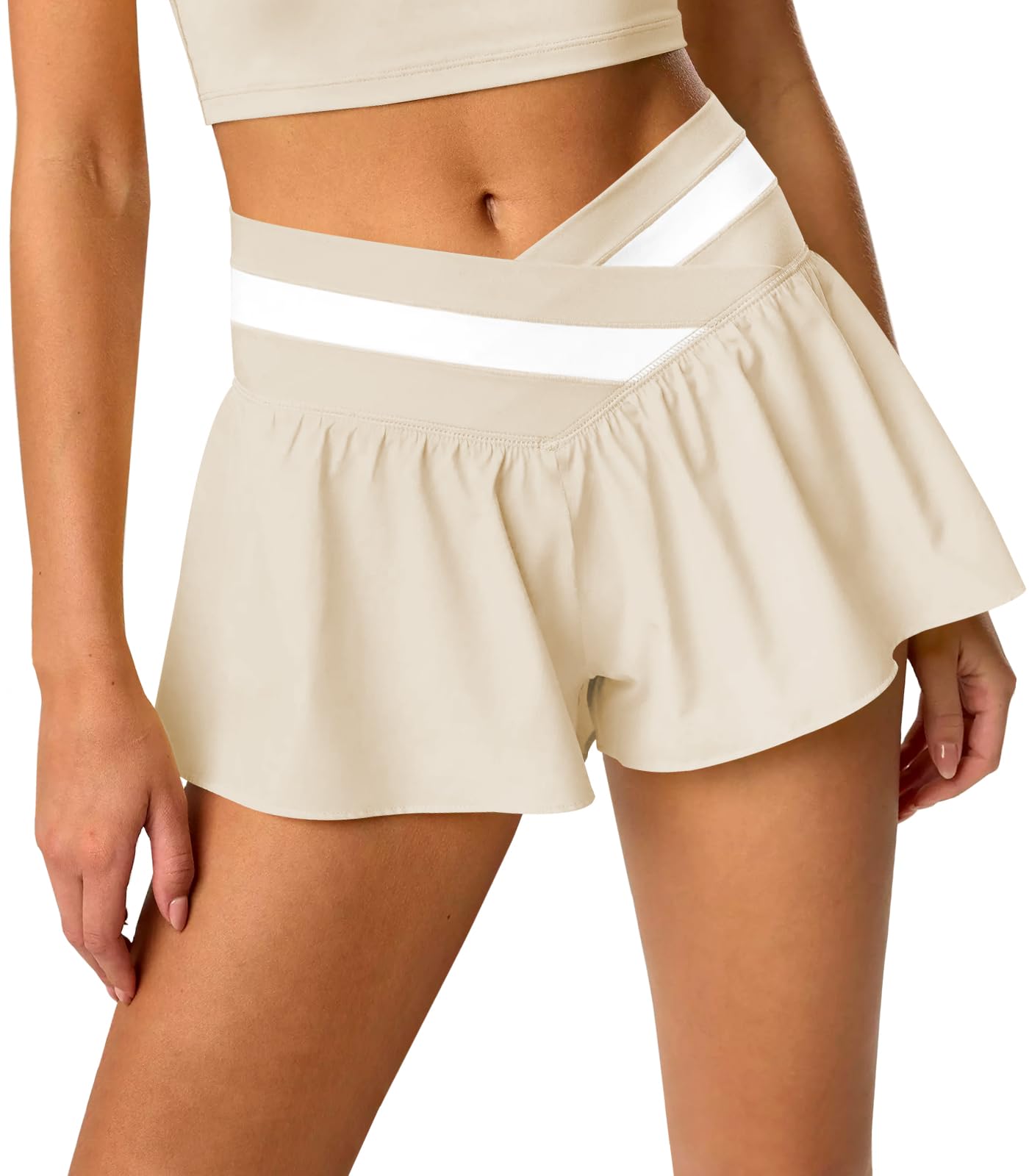 Hragc Womens Athletic Workout Apricot Shorts Flowy Butterfly Elastic Crossover High Waisted 2 in 1 Running Shorts with Pockets for Women Medium