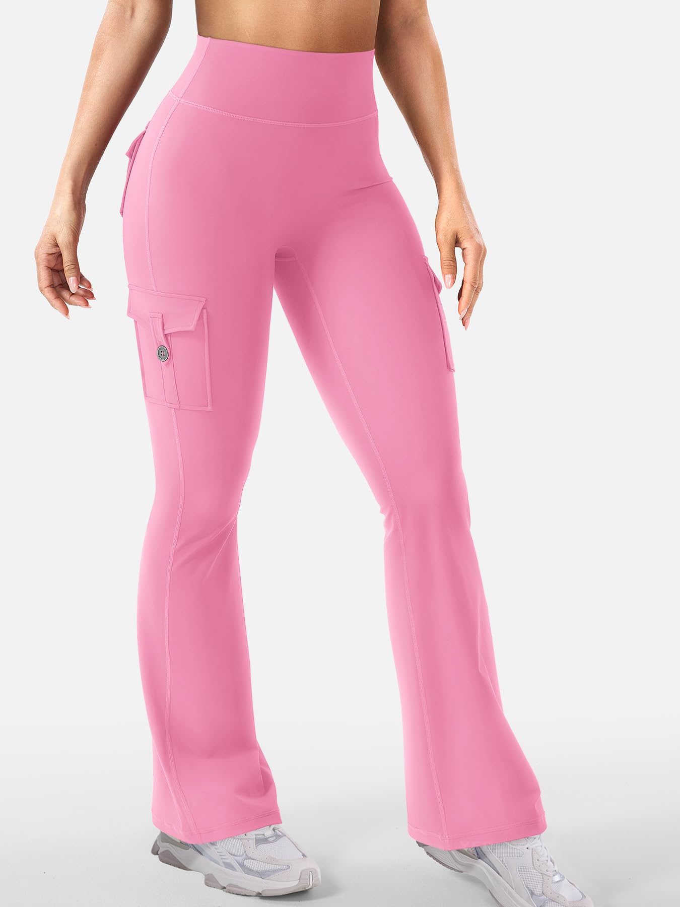 YEOREO CoreFlex Women Workout Flare Leggings with Pockets Hidden Scrunch High Waisted Cargo Gym Yoga No Front Seam Leggings Pink M